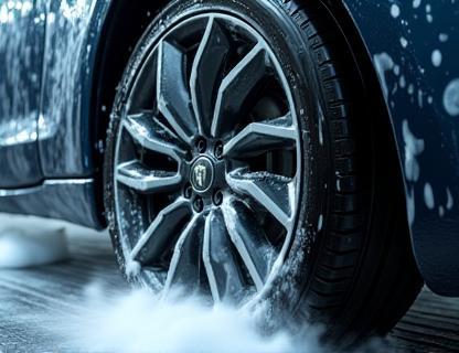 Close-up action shot of a car wheel being meticulously cleaned by automated brushes