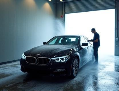 Customer actively washing their dark sedan in a bright, clean self-service bay