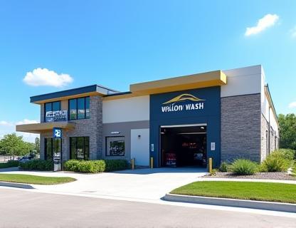 Exterior view of the modern Whalom Wash facility building on a sunny day