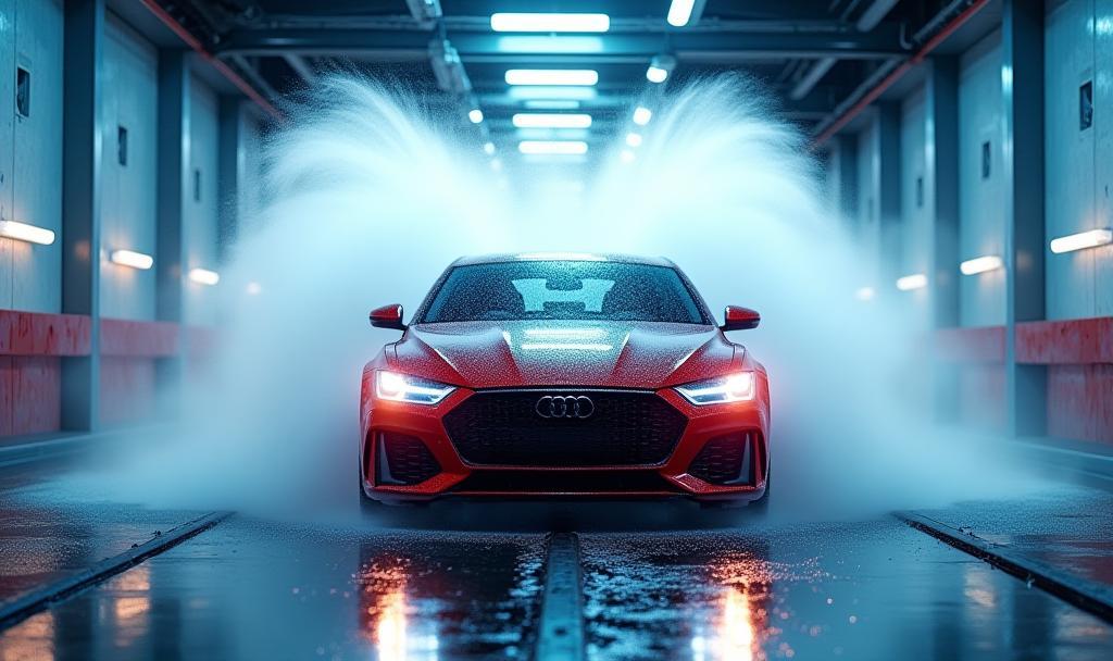 Modern car wash tunnel in action with a car receiving a wash