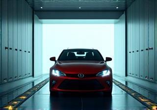 Car carefully aligning to enter the automated wash tunnel