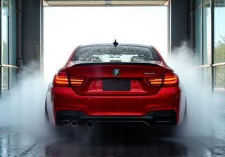 Sparkling clean car exiting the automated wash tunnel into sunlight