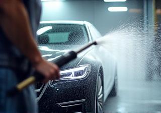 Person actively washing their car using a high-pressure wand in a self-service bay